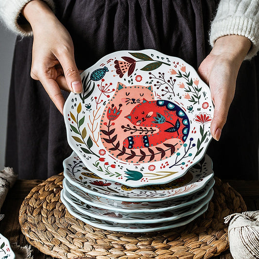 Under-glazed Ceramic Colorful-Flower-Cat Dinner Plate